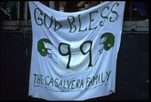 6 SEP 1992: PHILADELPHIA EAGLES FANS HANG A BANNER IN MEMORY OF EAGLES DEFENSIVE LINEMAN JEROME BROWN #99 DURING THE EAGLES 15-13 WIN OVER THE NEW ORLEANS SAINTS AT VETERANS STADIUM IN PHILADELPHIA, PENNSYLVANIA.