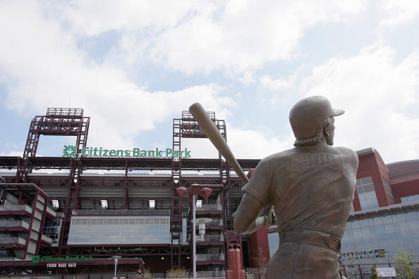 A statue of Hall of Fame player Mike Schmidt #20 of the Philadelphia Phillies stands at the third base entrance of Citizens Bank Park