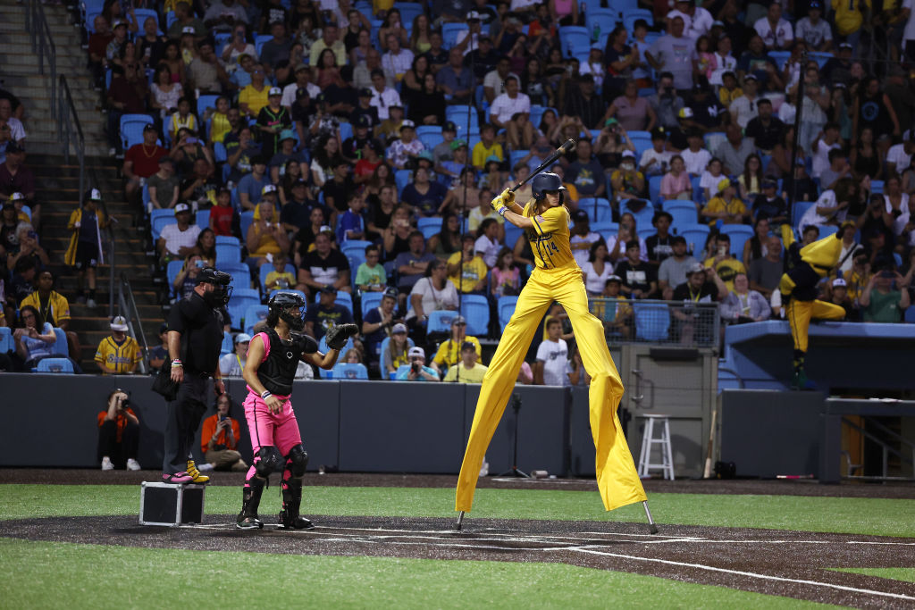 Dakota "Stilts" Albritton #14 of the Savannah Bananas bats against the Party Animals at Richmond County Bank Ball Park