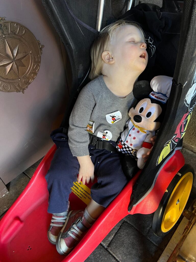 toddler asleep in a stroller