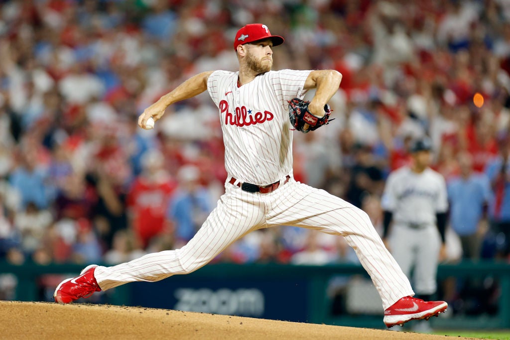 PHILADELPHIA, PENNSYLVANIA - OCTOBER 03: Zack Wheeler #45 of the Philadelphia Phillies pitches during the first inning against the Miami Marlins in Game One of the Wild Card Series at Citizens Bank Park on October 03, 2023 in Philadelphia, Pennsylvania.