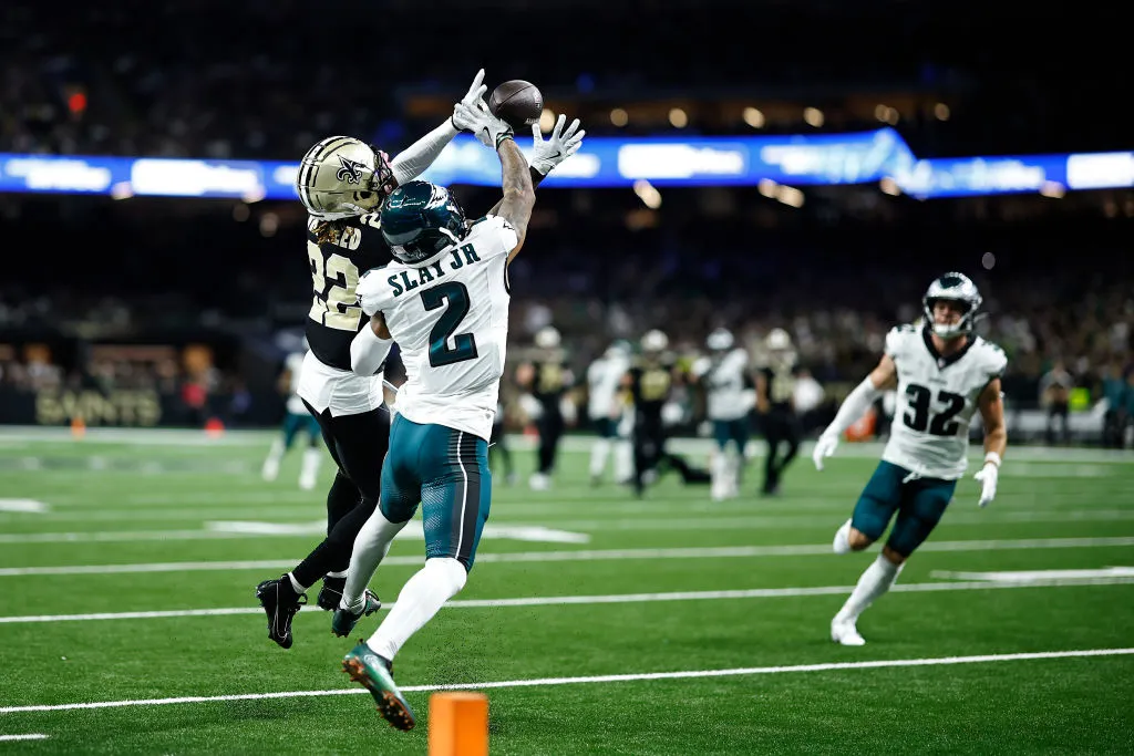 NEW ORLEANS, LOUISIANA - SEPTEMBER 22: Darius Slay Jr. #2 of the Philadelphia Eagles breaks up a pass intended for Rashid Shaheed #22 of the New Orleans Saints during the fourth quarter at Caesars Superdome on September 22, 2024 in New Orleans, Louisiana. 