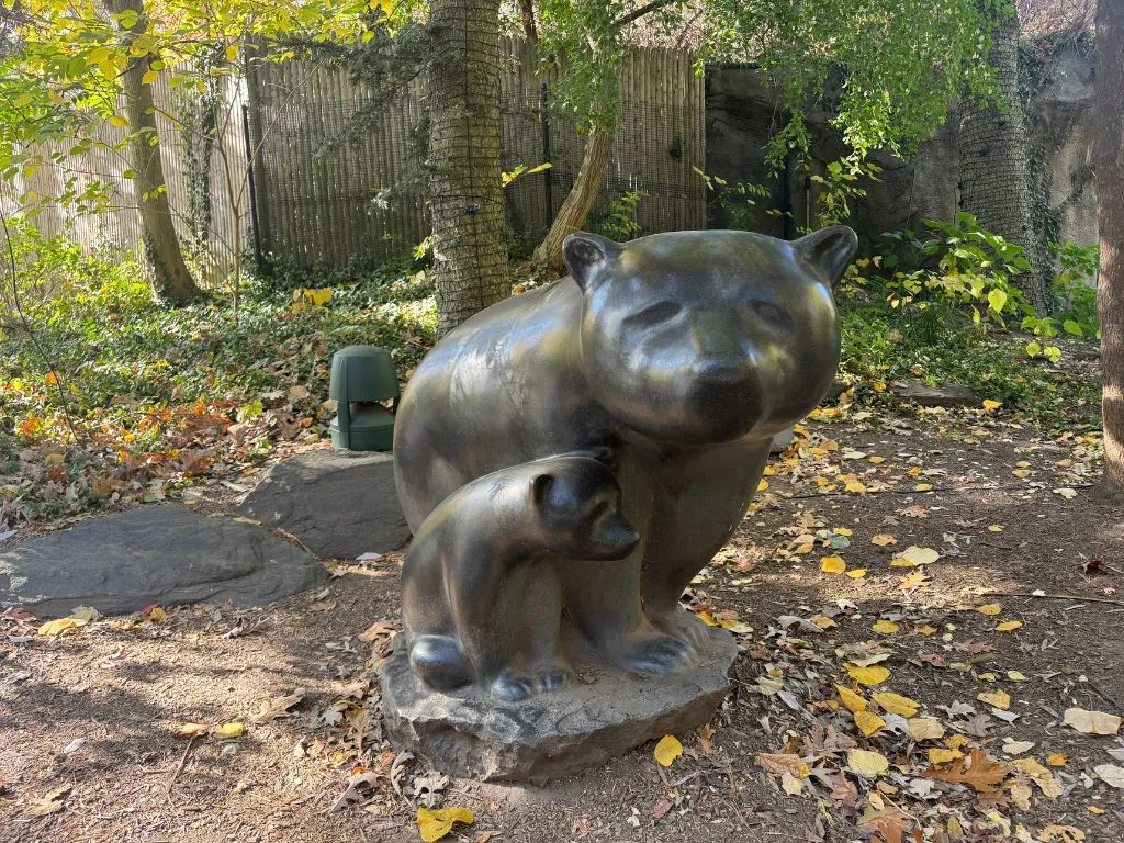 bronze bear statue outside of bear country exhibit at philadelphia zoo