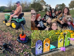 Fall Festival Activities photos including a man on a tractor pulling a hayride full of smiling kids wearing black skeleton shirts, a baby with a pumpkin hat, a witch hat and spider ring toss laying on the grass, and a bean bag toss game where you have to throw the beanbag to knock down colorful small tombstones that have RIP written on them.