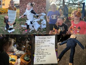 Fall Festival Activities including a scavenger hunt, apple cider donut eating contest, mummy race, potions, and scarecrow stuffing.