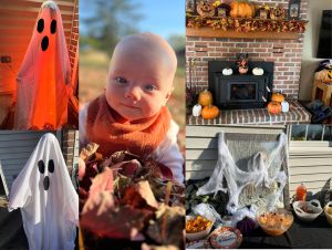 Fall Festival Decorations inside and outside. Pumpkinsk, ghosts, spiderwebs and actual leaves too.